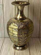 Vintage Solid Brass Mother of Pearl Vase Etched Flower Pattern picture
