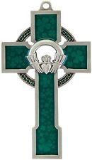 Pewter with Green Shamrock Epoxy Claddagh Design Celtic Wall Cross, 5 Inch picture