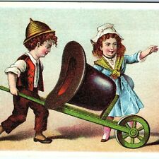 c1880s Little Boy & Girl Haul Exaggerated Giant Derby Hat Vivid Trade Card C30 picture