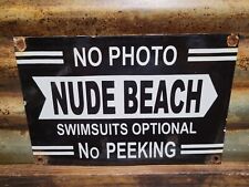 VINTAGE NUDE BEACH PORCELAIN SIGN OLD NO PHOTOS SWIMSUIT OPTIONAL OCEAN PARK SEA picture