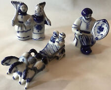 GZHEL Porcelain Lot Of 3 Figurines Vintage Soviet Russia Glazed Blue+ White picture