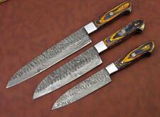 3 PIECES BEAUTIFULL CUSTOM HANDMADE DAMASCUS STEEL FORGE CHEIF SET WITH  SHEATH picture