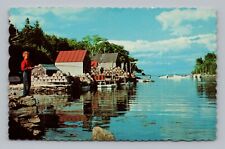 Postcard Maine Little Boy Fishing on High Tide Harbor Water River Boats ME 103 picture
