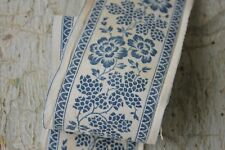 Fabric Antique Blue floral block printed border or ribbon 1820 cotton & linen picture