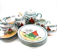 Lusterware TEA SET 20-Piece Set Cottage or House Scene Palm Trees Opalescent picture