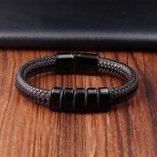 Men's Stainless Steel Magnetic Clasp Braided Cuff Leather Bracelet Wrist Bangle picture