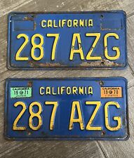 1970 1971 California License Plates Matching Set Pair Tags 287 AZG Blue & Yellow picture
