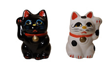 Vintage Ceramic Cat Figurines Chinese Lucky Feng Shui Statutes Black White picture