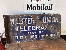 vintage 1910s WESTERN UNION TELEGRAMS Porcelain 2 Sided Wall Flange Sign patina picture