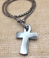 Unisex Black Magnetic Hematite Double Sided Healing Cross Necklace Barrel Beads picture