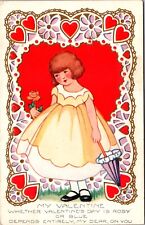 Valentine's Day Postcard Young Girl Yellow Dress Umbrella Rose Hearts Daisy's picture