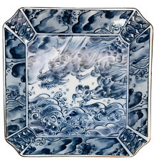Vintage Japan F.F. Kozan Gama Blue Gray White Square Ceramic Bowl Sea Dragon picture