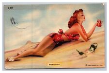 Vintage 1942 Postcard Beautiful Woman Swimsuit Laying Beach Drinking Refreshing picture