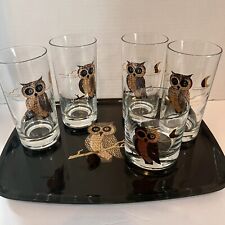 Vintage MCM Couroc Gold Owl & Moon Bar Set Glasses And Tray Signed Mid Century picture