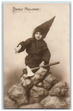 New Year Postcard RPPC Photo Little Kid With Hatchet Germany c1910's Antique picture