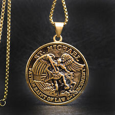 St Saint Michael Archangel Gold Angel Medal Pendant Necklace Stainless Steel picture