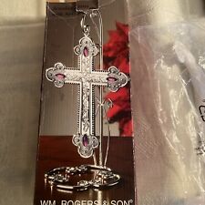 New In Original Box Unused Silver Plated Jeweled Cross With Stand Wm Rogers &Son picture