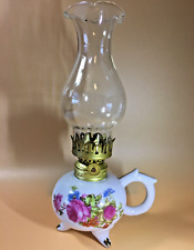 Miniature Kerosene Oil Finger Lamp Porcelian White, Pink & Blue Roses 9