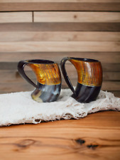 Winter Drinkware Ale Mead Bear Carved Viking Horn Wood Mug Leak Proof set of 2 picture