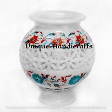White Marble Flower Pot, Carnelian Floral Inlay Filigree Art, Christmas Gifts picture