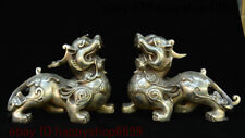7 China Silver Fengshui Pixiu Brave troops Unicorn Beast Coin Wealth Statue Pair picture