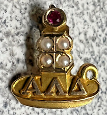 Vintage Alpha Lambda Delta Honors Society, Candle, Ruby Seed Pearl, 10k Gold Pin picture