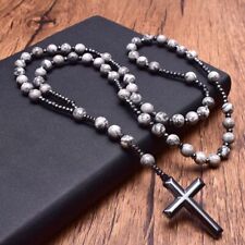 Rosary Hematite Cross Pendant Gray Jasper Stone Beads Religious Praying Jewelry picture