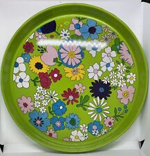 VINTAGE MID-CENTURY MOD BRIGHT GREEN ROUND FLORAL METAL SERVING TRAY 1960s/70s picture
