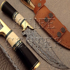 BEAUTIFUL RARE CUSTOM DAMASCUS HUNTING KNIFE | BOWIE KNIFE | BONE & HORN HANDLE picture