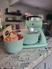 Vintage 1950s Sunbeam Mixmaster Rare Turquoise Mint Stand, 2 Bowls, Beaters  picture