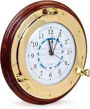 Nautical Time Tide Clock On Premium Wood Base Polished Brass Porthole Wall Decor picture