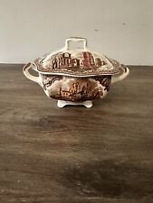 Vintage Johnson Brothers Old Britain Castles Brown Ceramic Sugar Bowl & Lid 4”T picture