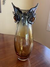 MOUTH BLOWN Amber OWL Vase Large 12” Murano SPECTACULAR picture