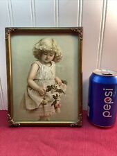 Vtg 1930-40’s Little Girl Pink Yellow Roses Litho Metal Ornate Corner Frame picture
