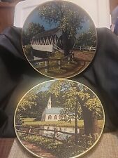 Vintage Set Of 2 Ecstasy Giftware Circle Fabric Hangings Covered Bridge & Church picture