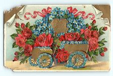 Birthday Greetings Red Roses in Blue Flower Lined Buggy Car Vintage Postcard E5 picture