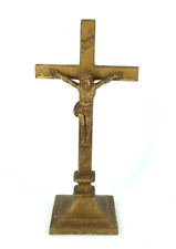 Vintage Cast Metal Standing Crucifix INRI Jesus On Cross gold tone 9.5
