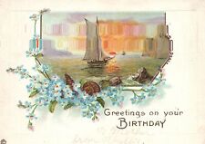 Vintage Postcard Greetings Wish On Your Birthday Blue Tiny Petals Boats & Ships picture