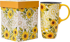 Coffee Ceramic Mug Porcelain Latte Tea Cup with Lid in Gift Box 17Oz., Sunflower picture