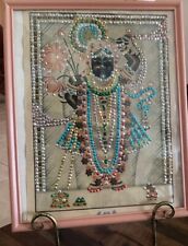 Antique Hindu Religious Deity Printed & Beaded on Cloth & Framed picture