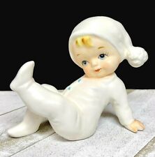 Vintage Norcrest Japan Bisque Baby Figurine in Pajamas Leg Up Blue Eyes - F-917 picture