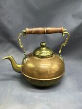 Vintage Lidded Copper & Brass Gooseneck Tea Kettle Pot Wood Top Handle - Patina picture