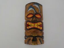 TIKI TOTEM HEAD WOODEN CARVED WALL HANGING ONE FACE MASK W DOLPHIN TRIBAL HAWAII picture