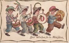 New Year 1909. Four Boys with Musical Instruments. Posted 1908, Embossed Gold picture