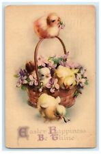 1929 Greetings Easter Happiness Chicks And Flowers In Basket Antique Postcard picture