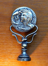 Antique Jugendstil Brass Wax SEAL (GH) with a double-sided relief girl's image picture