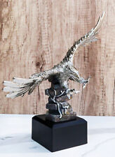 Electroplated Pewter Silver Bald Eagle With Open Wings Soaring Over Rock Statue picture
