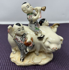 Vintage Chinese Children on Pig Playing Musical Instruments Resin Figure picture