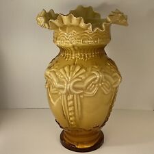 LARGE Estate Hand blown yellow cased glass Victorian vase ruffled edge 12”H picture