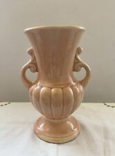 Vintage USA Shawnee Pottery Pink Salmon Scroll Double Handle Urn Vase 8” picture